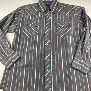 Wrangler Western Shirt Mens L 16 16.5 Gray Stripe Pearl Snap Long Sleeve
